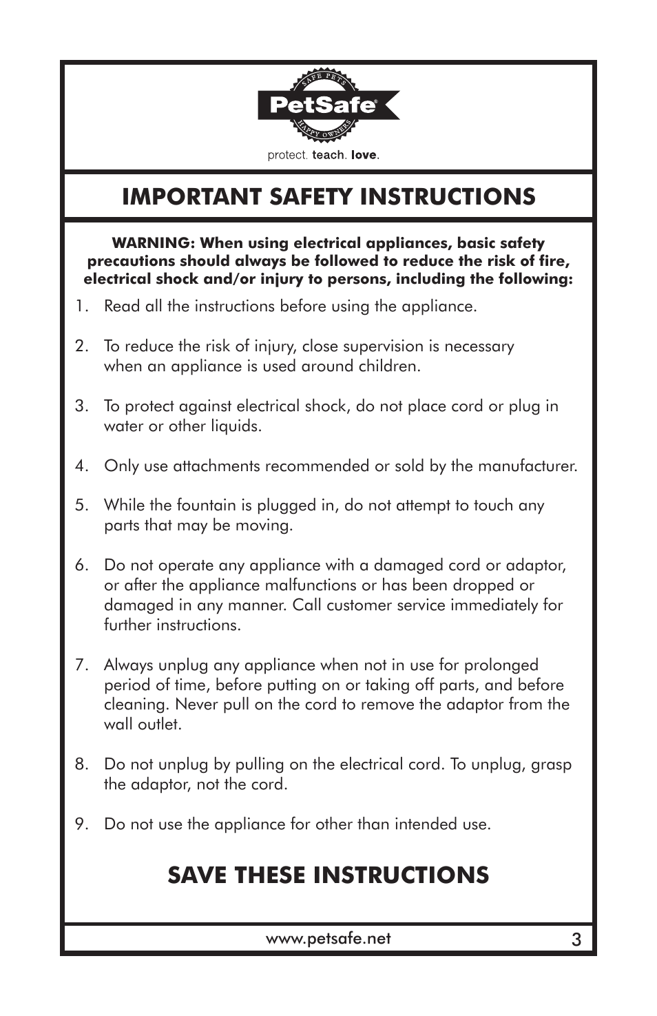 Important safety instructions, Save these instructions | Petsafe Drinkwell® Outdoor Dog Fountain User Manual | Page 3 / 16