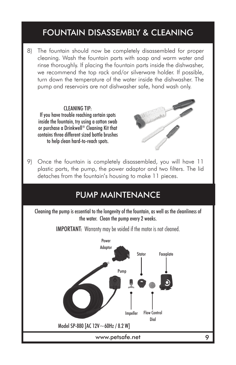 Fountain disassembly & cleaning, Pump maintenance | Petsafe Drinkwell® Outdoor Dog Fountain User Manual | Page 9 / 16