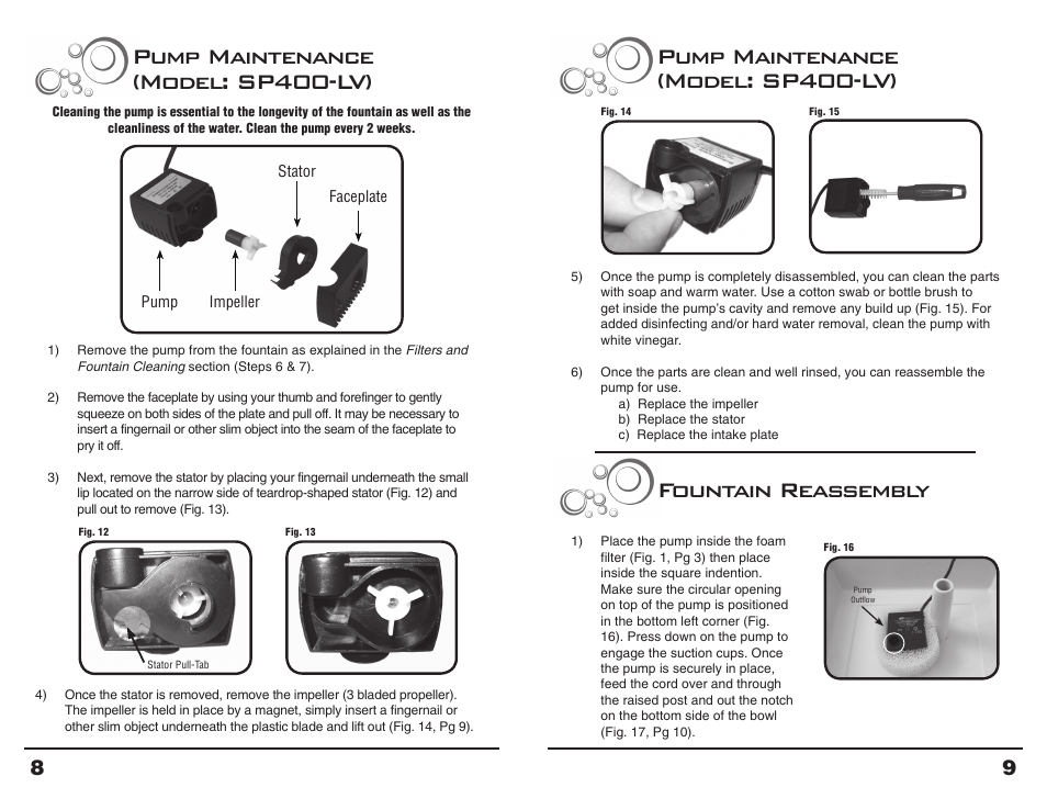 Pump maintenance (model: sp400-lv), Fountain reassembly | Petsafe Drinkwell® Pagoda Fountain User Manual | Page 5 / 7