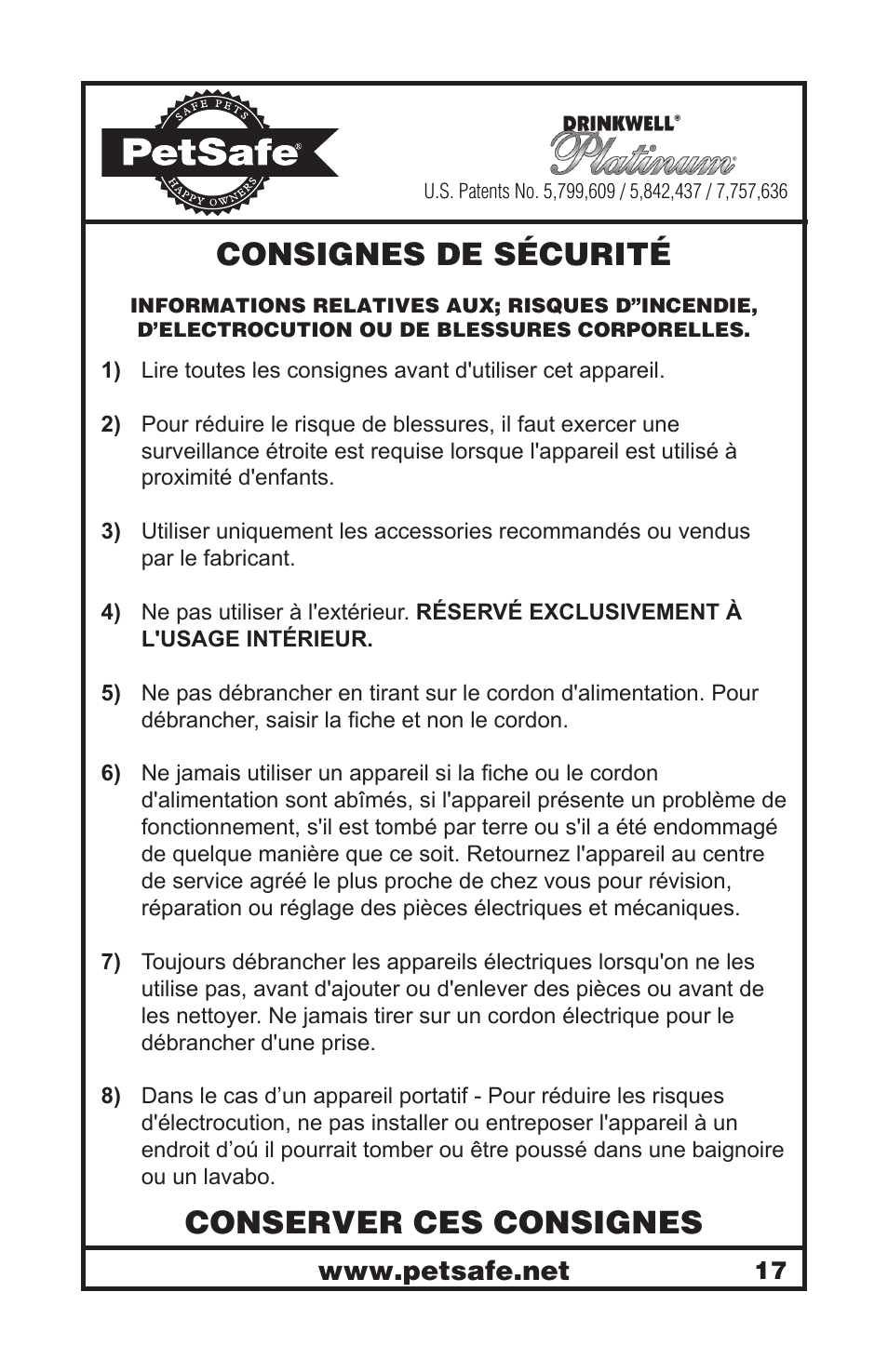 Consignes de sécurité, Conserver ces consignes | Petsafe Drinkwell® Platinum Pet Fountain User Manual | Page 17 / 85