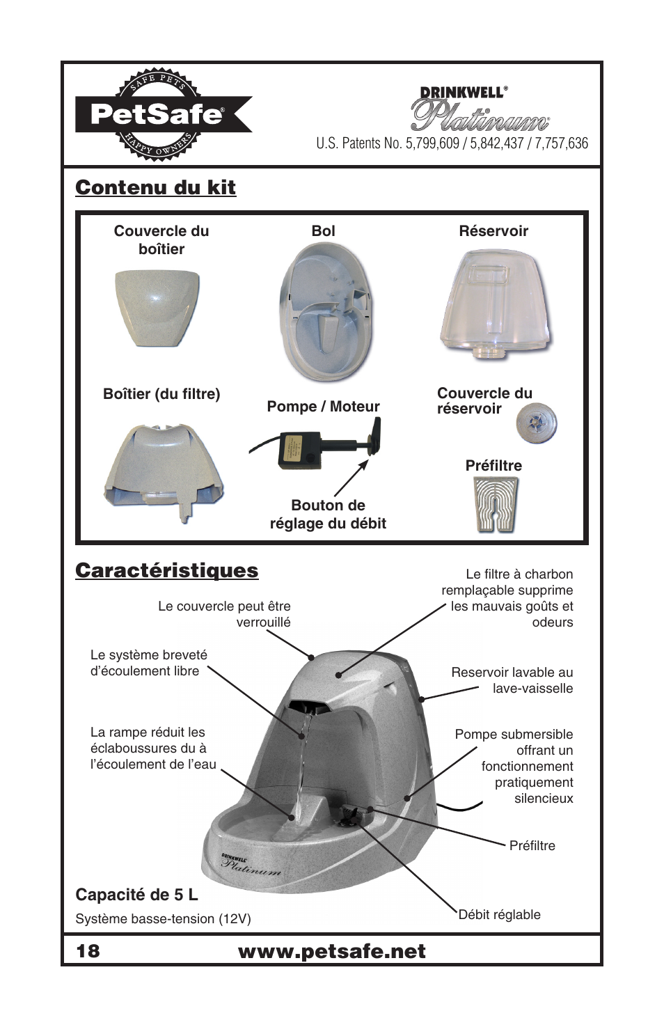 Contenu du kit, Caractéristiques | Petsafe Drinkwell® Platinum Pet Fountain User Manual | Page 18 / 85