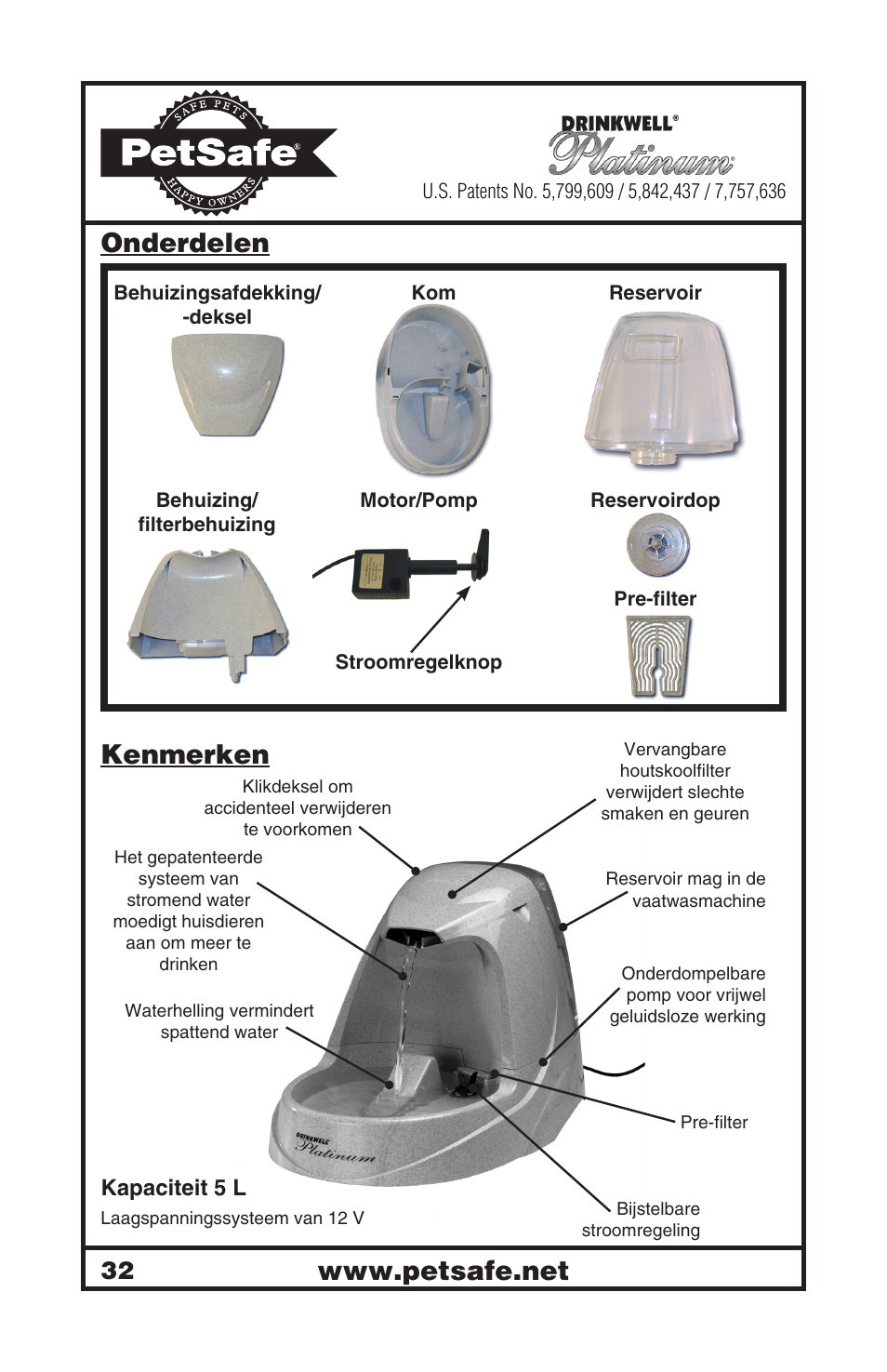 Onderdelen, Kenmerken, Kapaciteit 5 l | Petsafe Drinkwell® Platinum Pet Fountain User Manual | Page 32 / 85