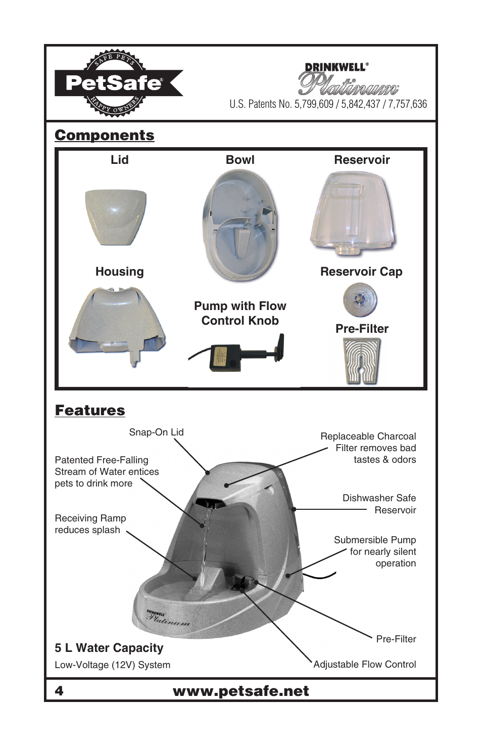Components, Features | Petsafe Drinkwell® Platinum Pet Fountain User Manual | Page 4 / 85