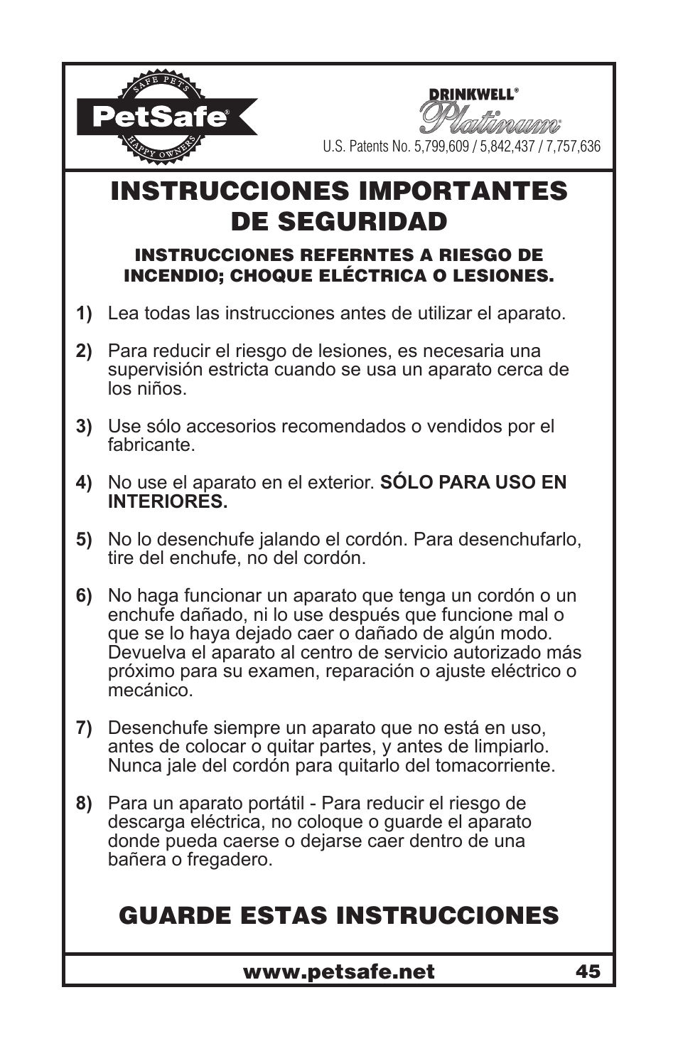 Instrucciones importantes de seguridad, Guarde estas instrucciones | Petsafe Drinkwell® Platinum Pet Fountain User Manual | Page 45 / 85