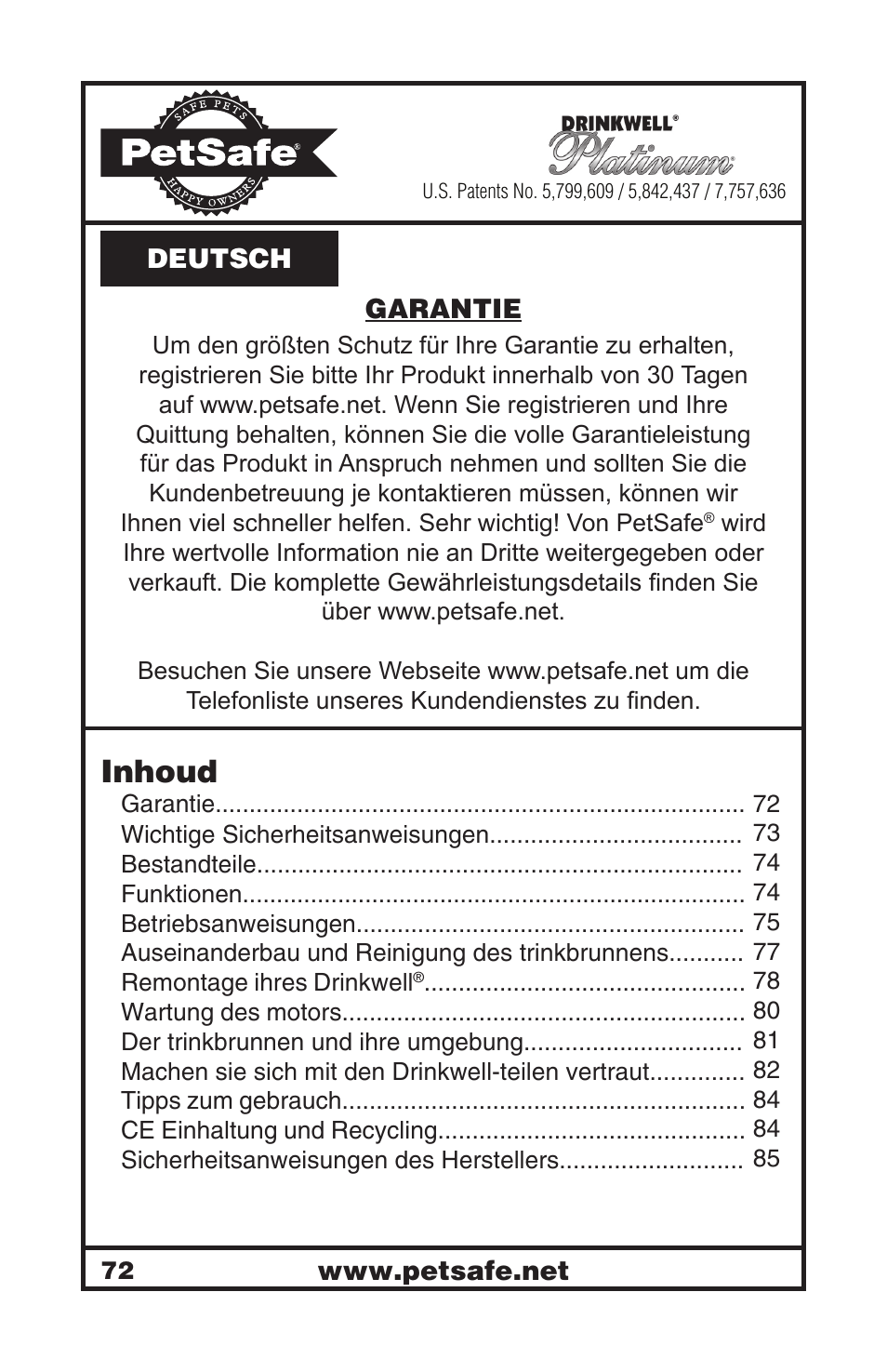 Inhoud | Petsafe Drinkwell® Platinum Pet Fountain User Manual | Page 72 / 85