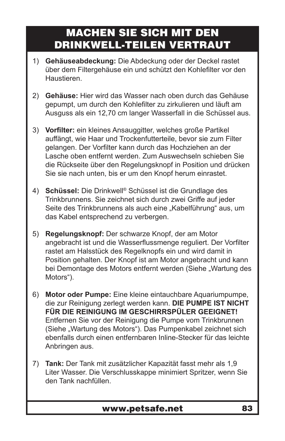 Machen sie sich mit den drinkwell-teilen vertraut | Petsafe Drinkwell® Platinum Pet Fountain User Manual | Page 83 / 85