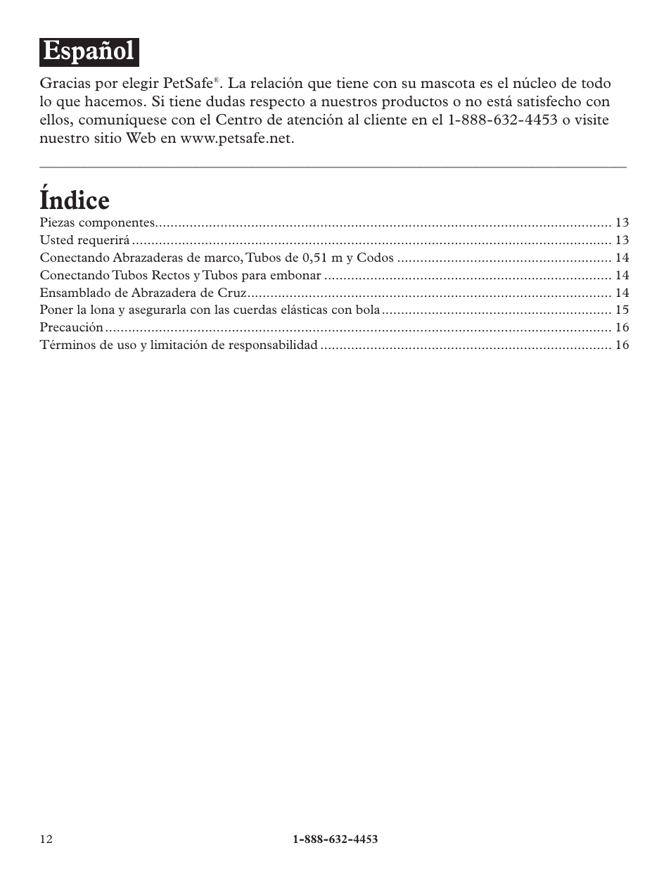 Índice, Español | Petsafe E-Z Roof™ - 7.5’ x 13’ User Manual | Page 12 / 16