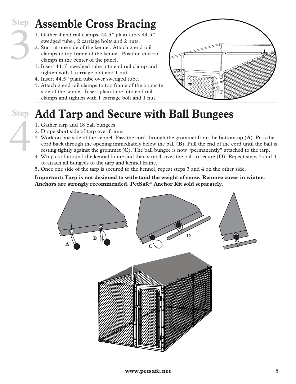 Assemble cross bracing, Add tarp and secure with ball bungees, Step | Petsafe E-Z Roof™ - 7.5’ x 13’ User Manual | Page 5 / 16
