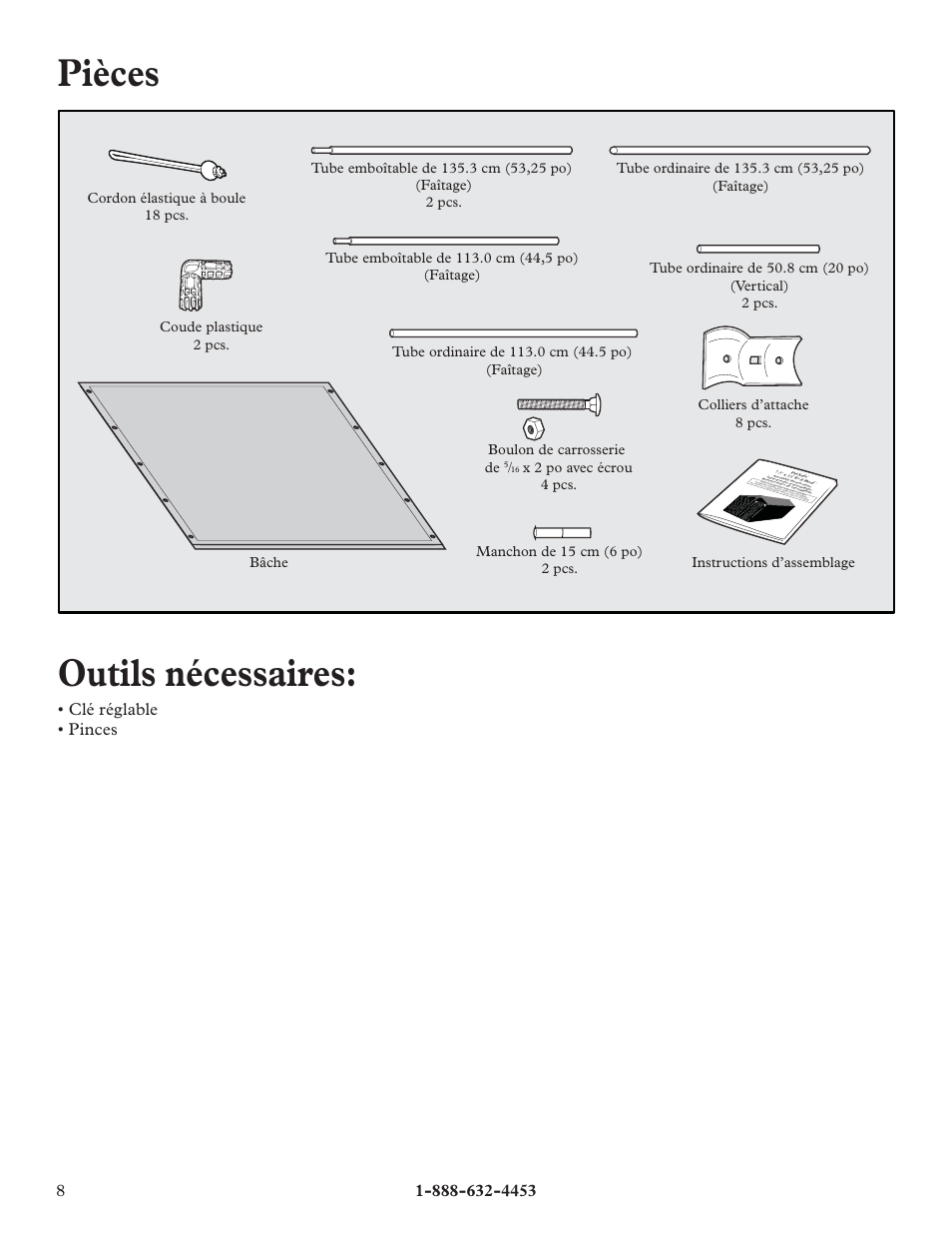 Pièces, Outils nécessaires, Clé réglable • pinces | Petsafe E-Z Roof™ - 7.5’ x 13’ User Manual | Page 8 / 16