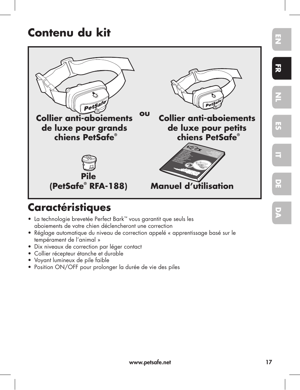 Contenu du kit, Caractéristiques, Manuel d’utilisation pile (petsafe | Petsafe Elite Big Dog Bark Control User Manual | Page 17 / 88