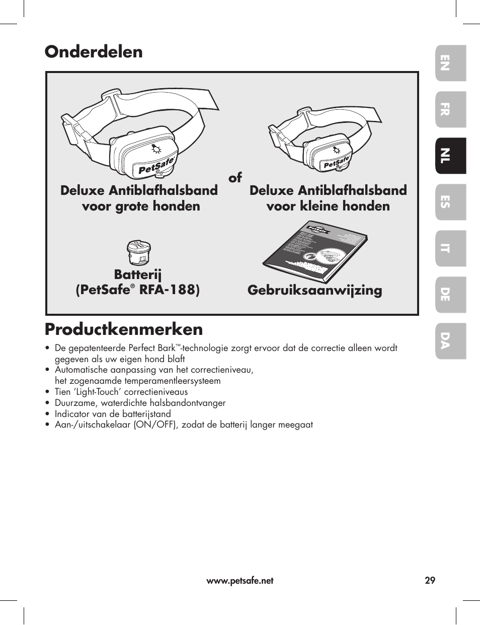 Onderdelen productkenmerken, Gebruiksaanwijzing batterij (petsafe | Petsafe Elite Big Dog Bark Control User Manual | Page 29 / 88