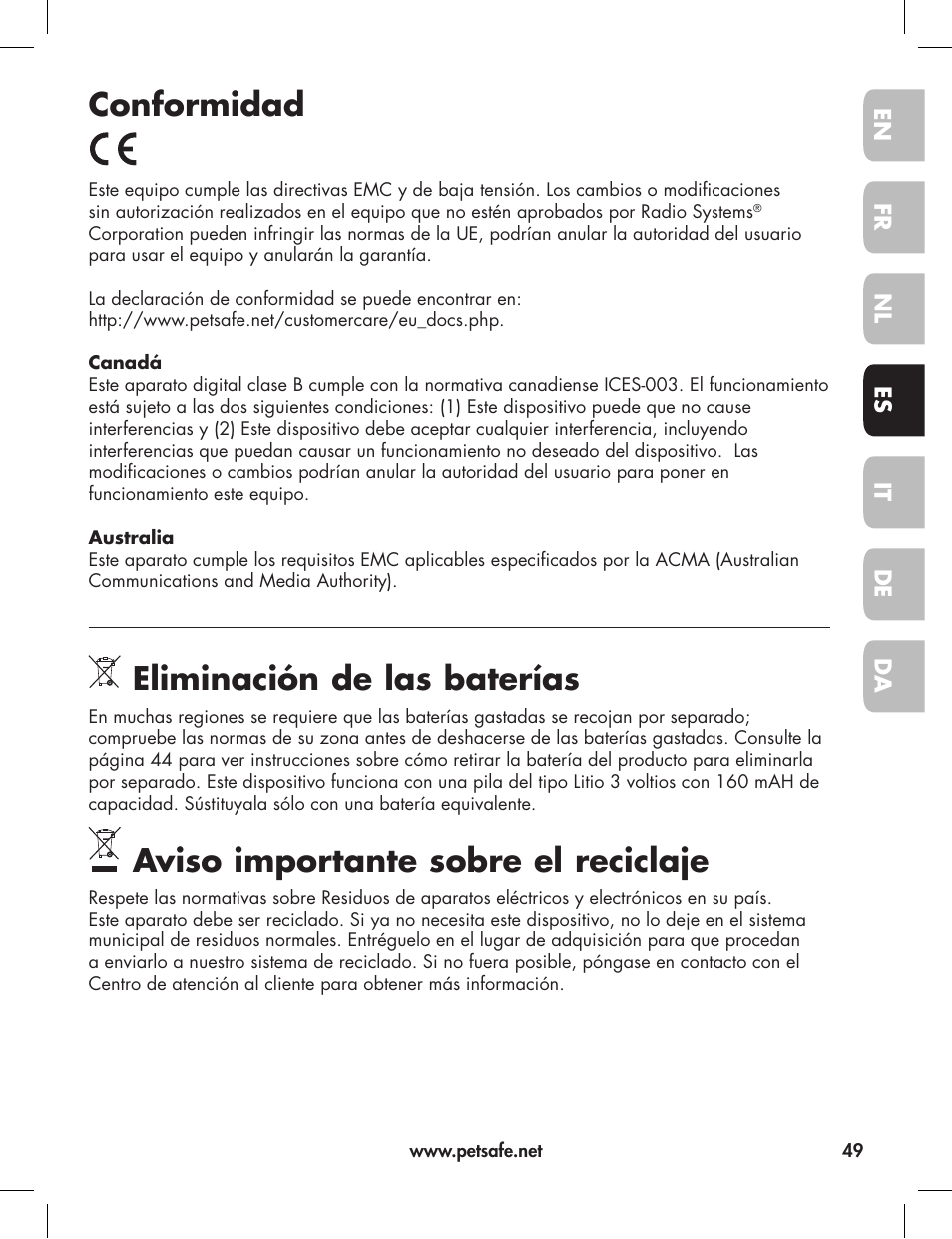 Conformidad, Eliminación de las baterías, Aviso importante sobre el reciclaje | Petsafe Elite Big Dog Bark Control User Manual | Page 49 / 88