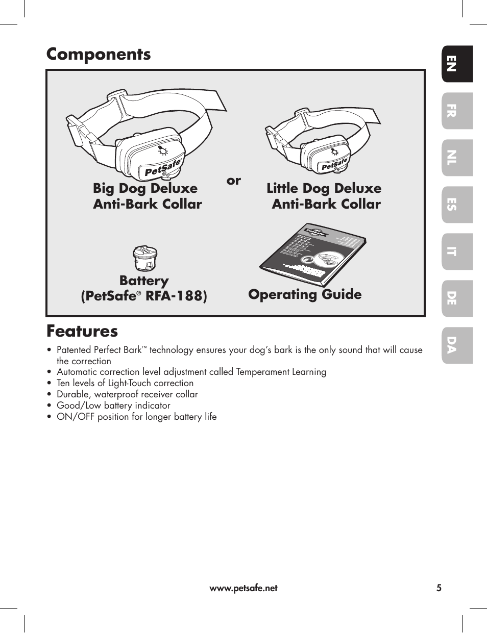 Components features, Operating guide battery (petsafe | Petsafe Elite Big Dog Bark Control User Manual | Page 5 / 88