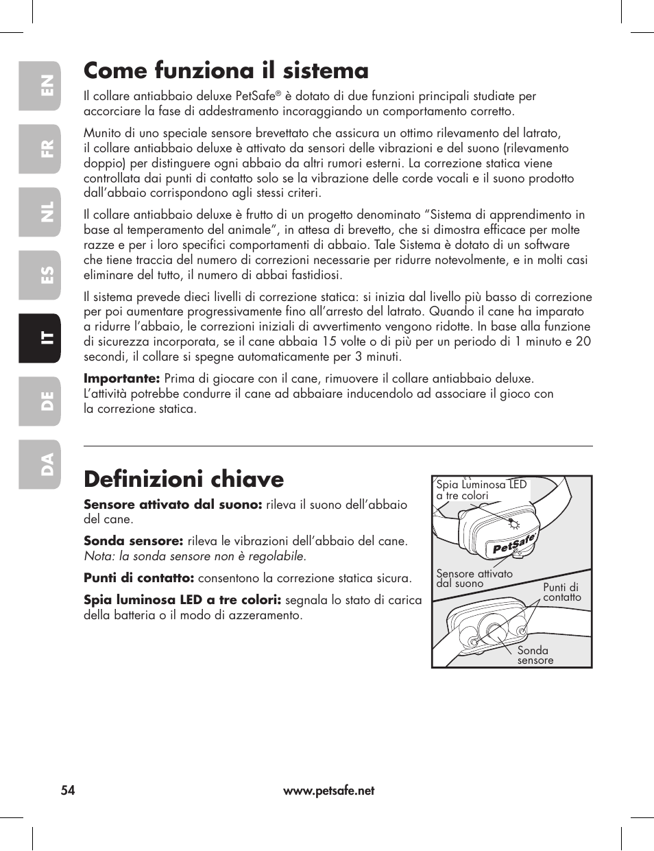 Come funziona il sistema, Definizioni chiave | Petsafe Elite Big Dog Bark Control User Manual | Page 54 / 88