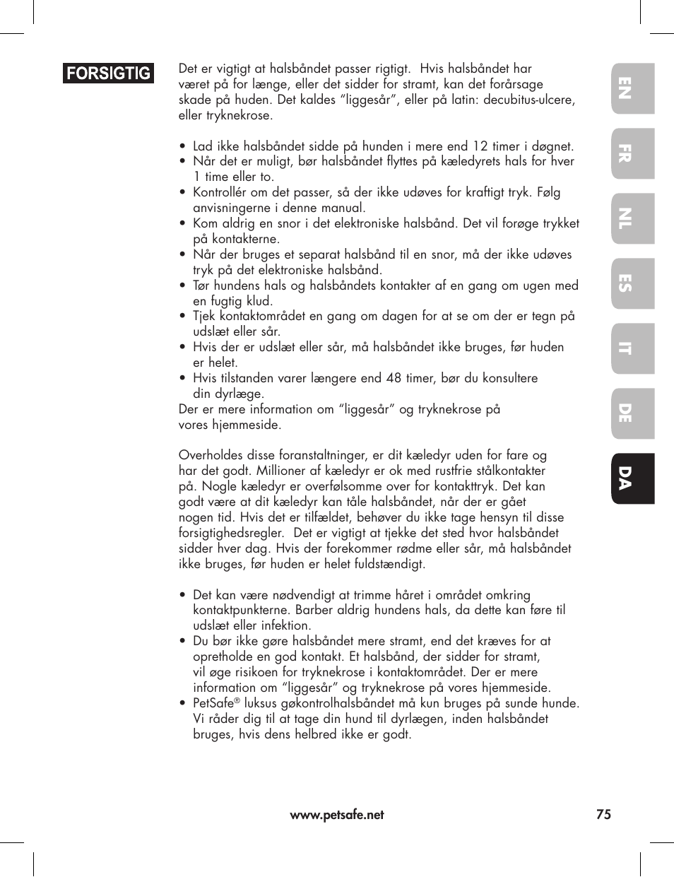 En fr es nl it da de | Petsafe Elite Big Dog Bark Control User Manual | Page 75 / 88