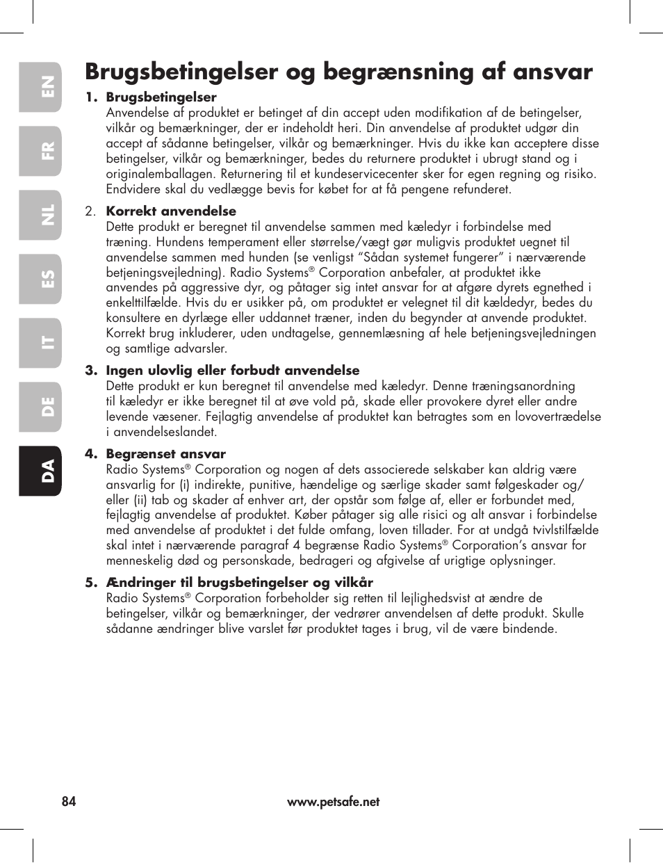 Brugsbetingelser og begrænsning af ansvar, En fr es nl it da de | Petsafe Elite Big Dog Bark Control User Manual | Page 84 / 88