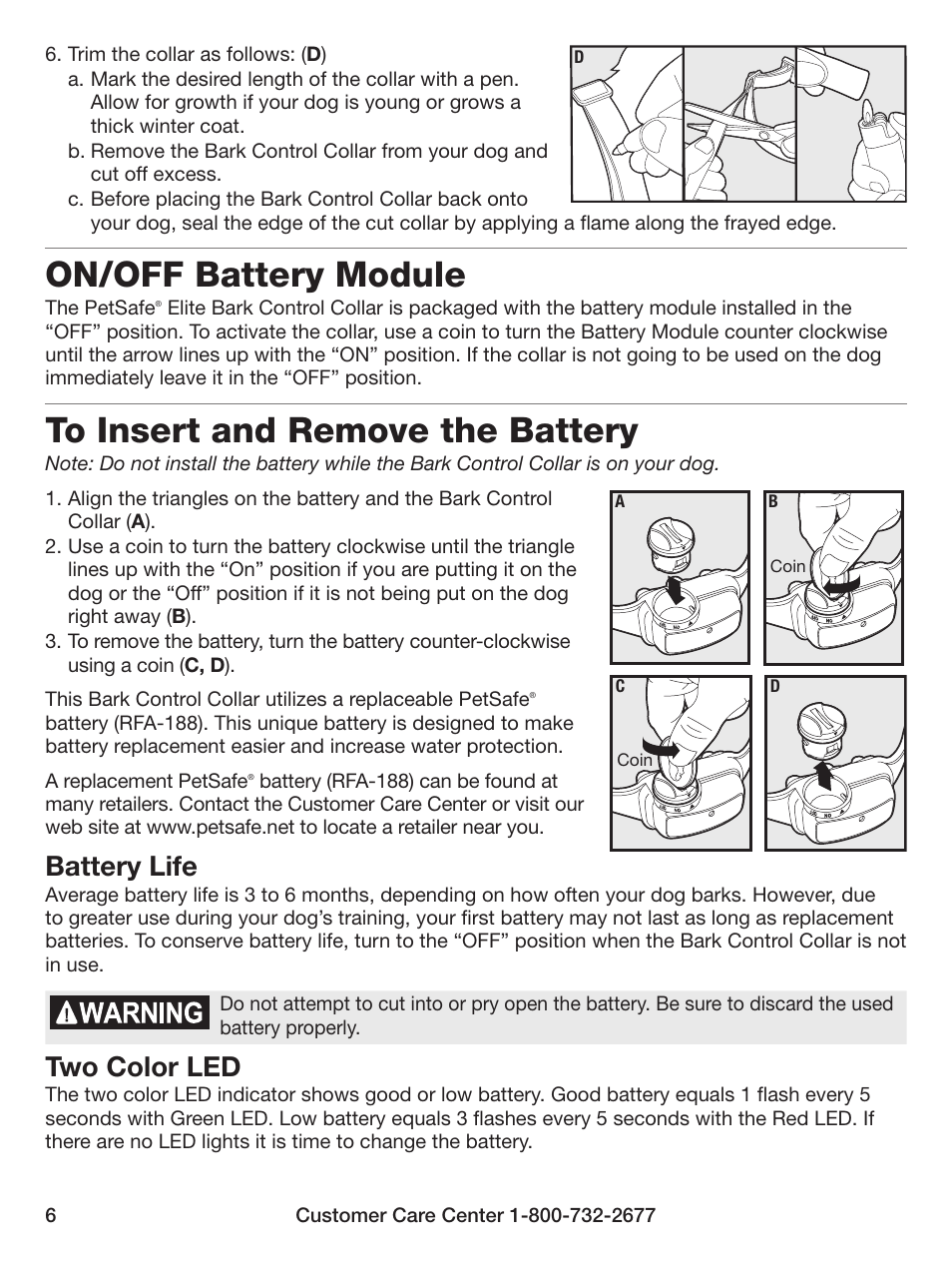 On/off battery module, Battery life, Two color led | Petsafe Elite Big Dog Bark Control User Manual | Page 6 / 12