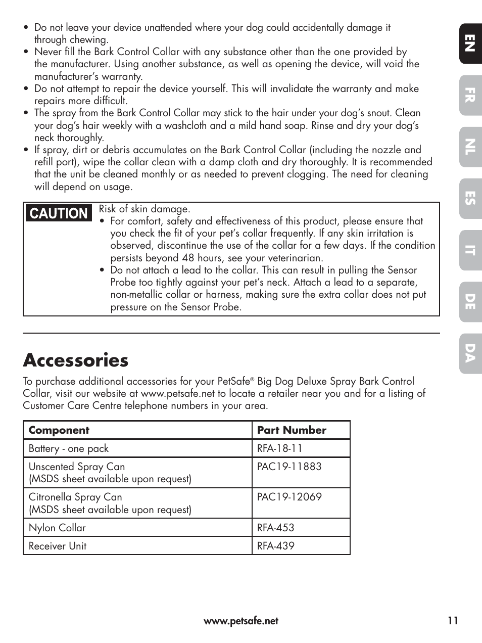 Accessories, En fr es nl it da de | Petsafe Elite Big Dog Spray Bark Control User Manual | Page 11 / 102