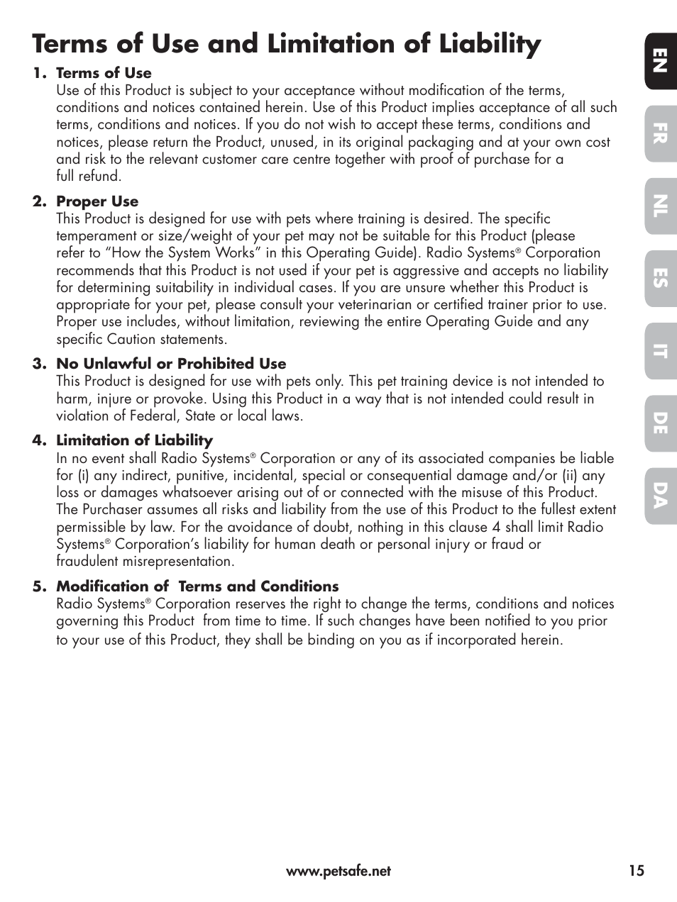 Terms of use and limitation of liability, En fr es nl it da de | Petsafe Elite Big Dog Spray Bark Control User Manual | Page 15 / 102