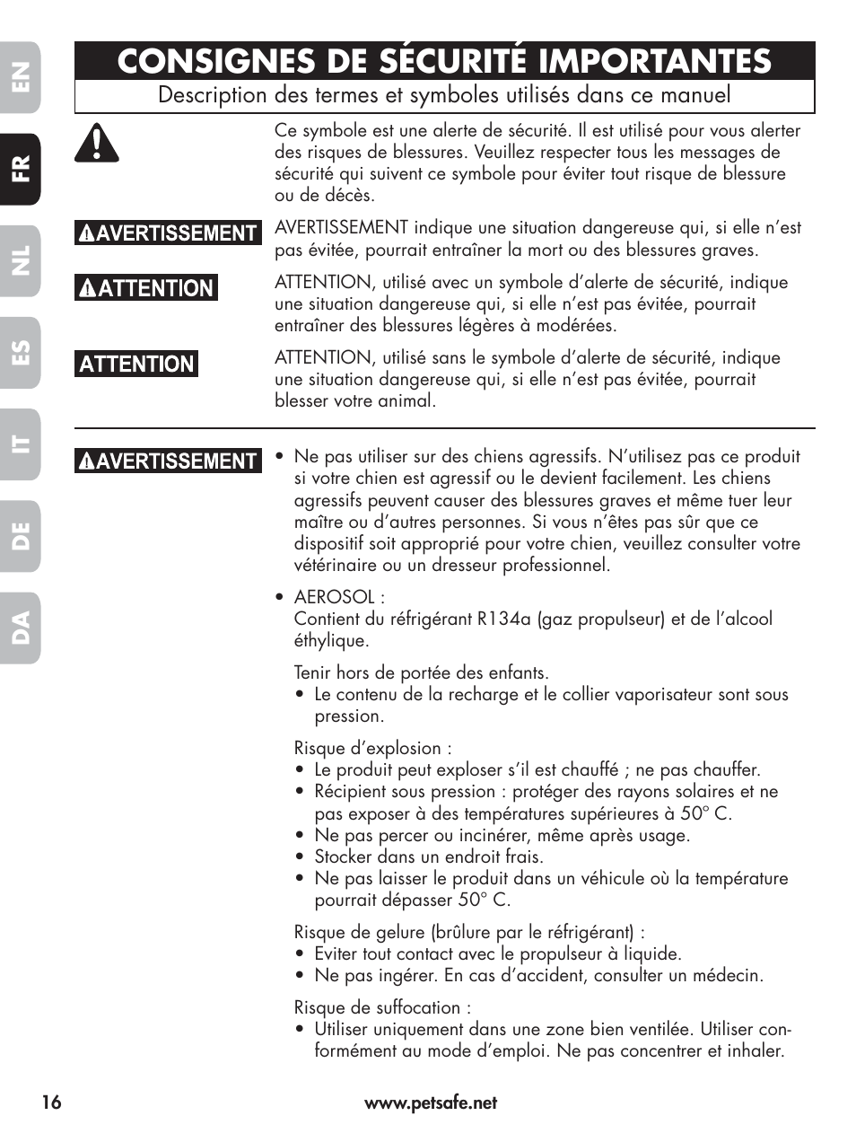 Consignes de sécurité importantes, En fr es nl it da de | Petsafe Elite Big Dog Spray Bark Control User Manual | Page 16 / 102