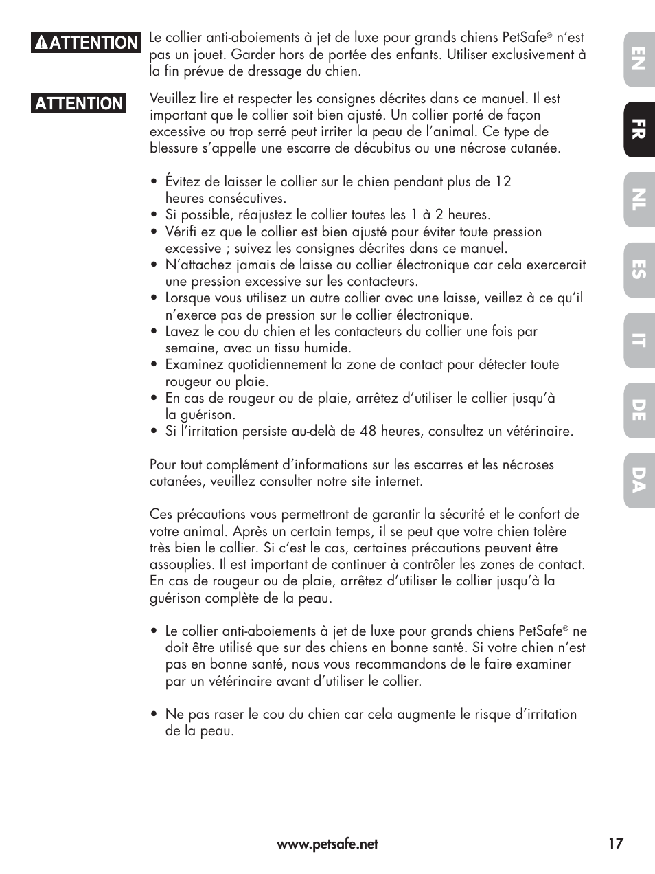 En fr es nl it da de | Petsafe Elite Big Dog Spray Bark Control User Manual | Page 17 / 102