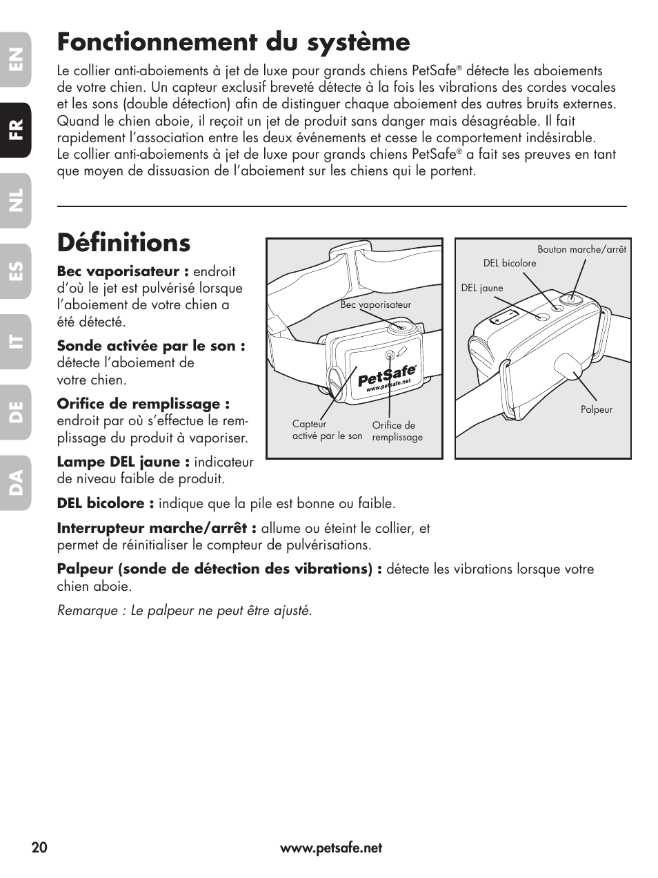 Fonctionnement du système, Définitions, En fr es nl it da de | Petsafe Elite Big Dog Spray Bark Control User Manual | Page 20 / 102