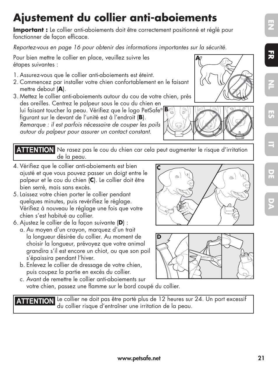 Ajustement du collier anti-aboiements, En fr es nl it da de | Petsafe Elite Big Dog Spray Bark Control User Manual | Page 21 / 102
