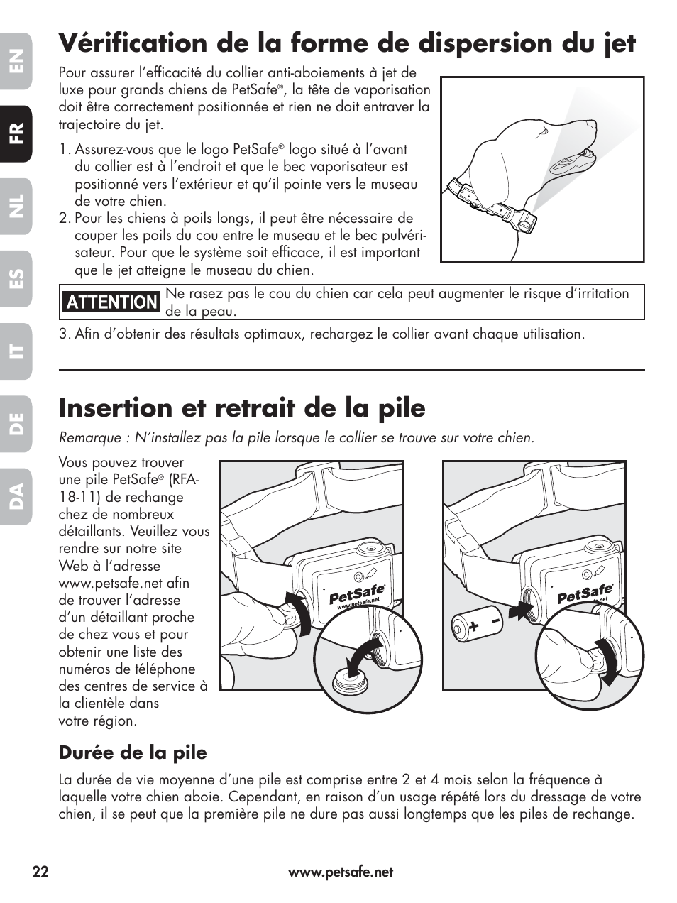 Vérification de la forme de dispersion du jet, Insertion et retrait de la pile, En fr es nl it da de | Durée de la pile | Petsafe Elite Big Dog Spray Bark Control User Manual | Page 22 / 102