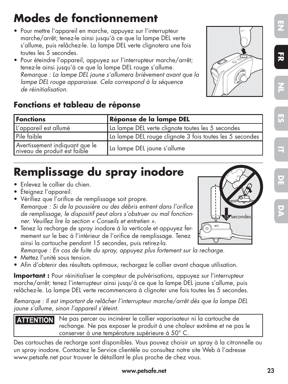 Modes de fonctionnement, Remplissage du spray inodore, En fr es nl it da de | Fonctions et tableau de réponse | Petsafe Elite Big Dog Spray Bark Control User Manual | Page 23 / 102