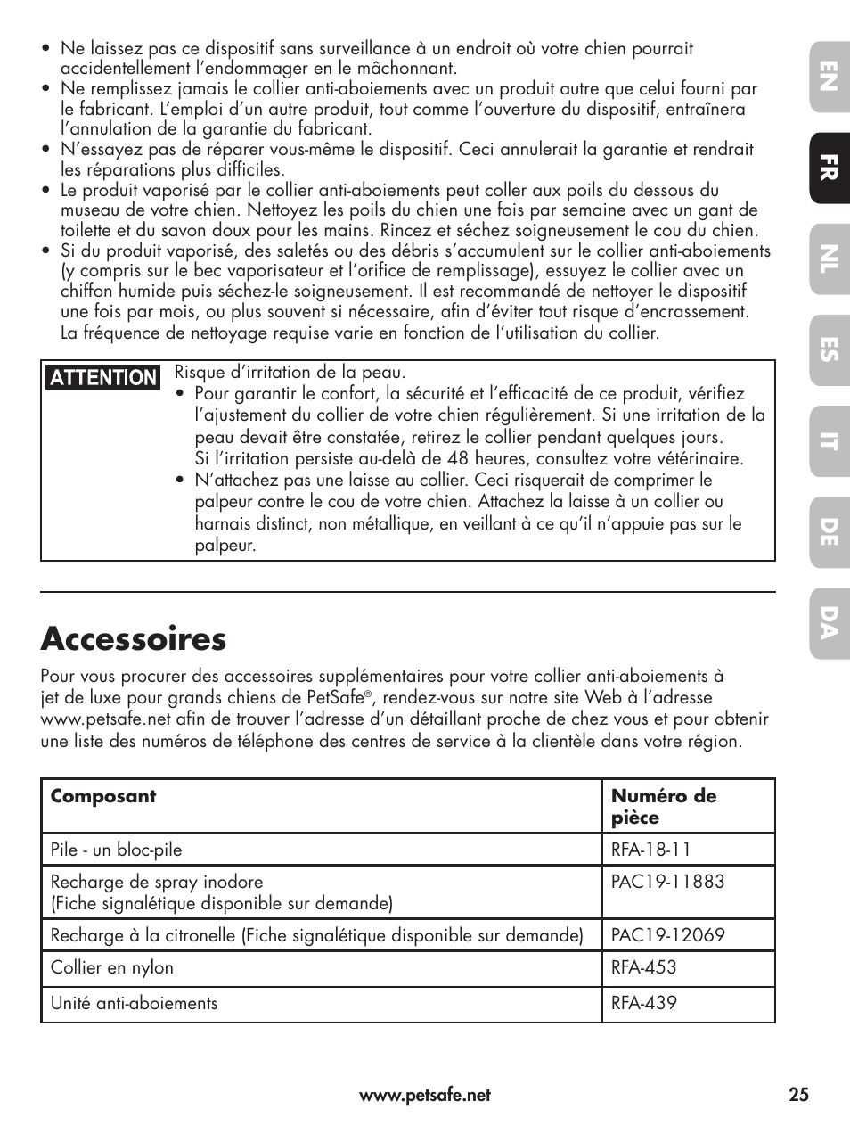 Accessoires, En fr es nl it da de | Petsafe Elite Big Dog Spray Bark Control User Manual | Page 25 / 102