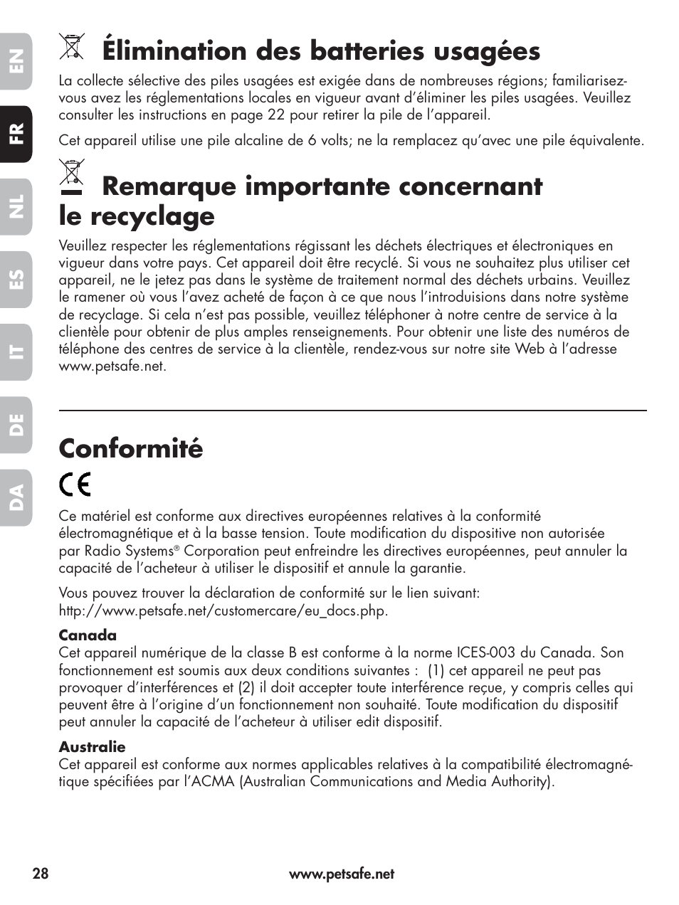 Élimination des batteries usagées, Remarque importante concernant le recyclage, Conformité | Petsafe Elite Big Dog Spray Bark Control User Manual | Page 28 / 102