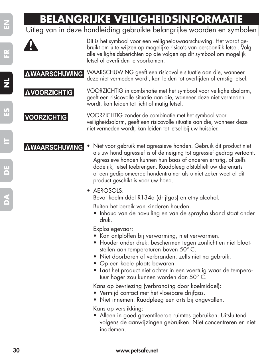 Belangrijke veiligheidsinformatie, En fr es nl it da de | Petsafe Elite Big Dog Spray Bark Control User Manual | Page 30 / 102