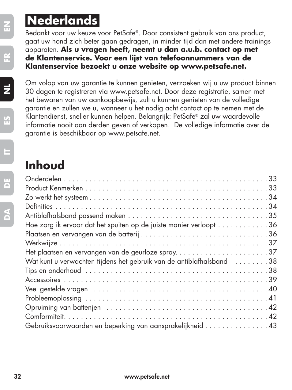 Nederlands, Inhoud | Petsafe Elite Big Dog Spray Bark Control User Manual | Page 32 / 102