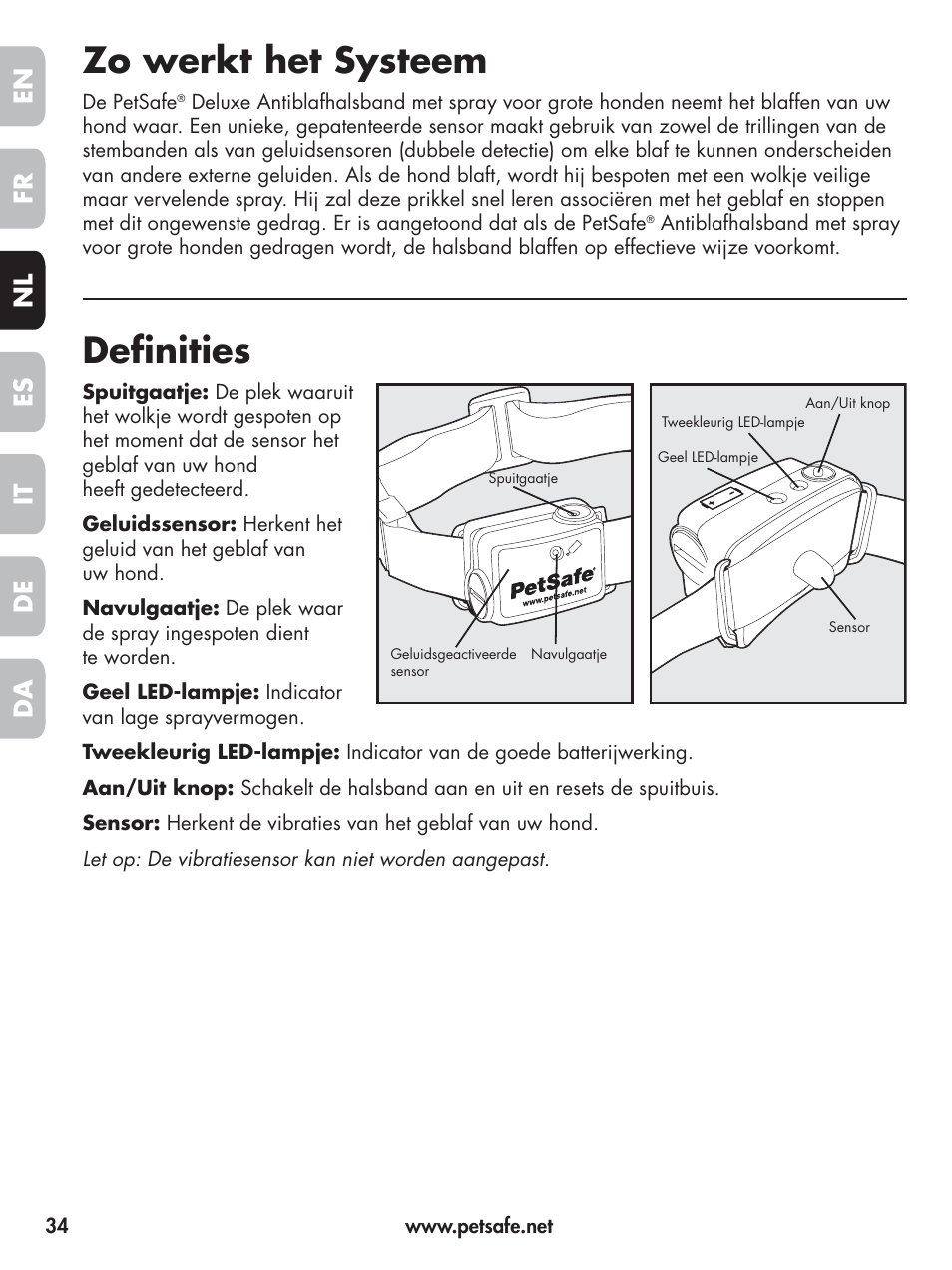 Zo werkt het systeem, Definities, En fr es nl it da de | Petsafe Elite Big Dog Spray Bark Control User Manual | Page 34 / 102