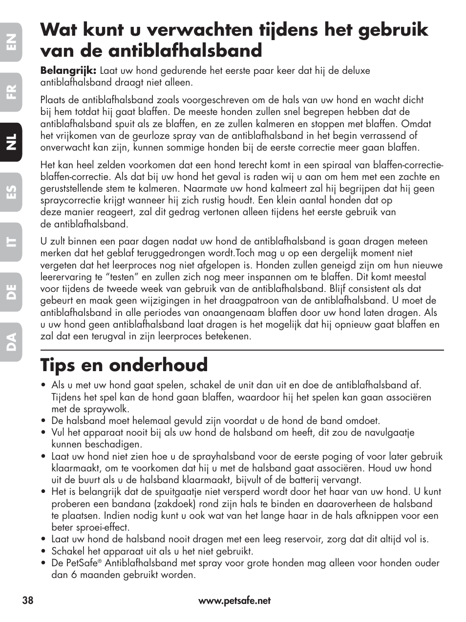 Tips en onderhoud, En fr es nl it da de | Petsafe Elite Big Dog Spray Bark Control User Manual | Page 38 / 102