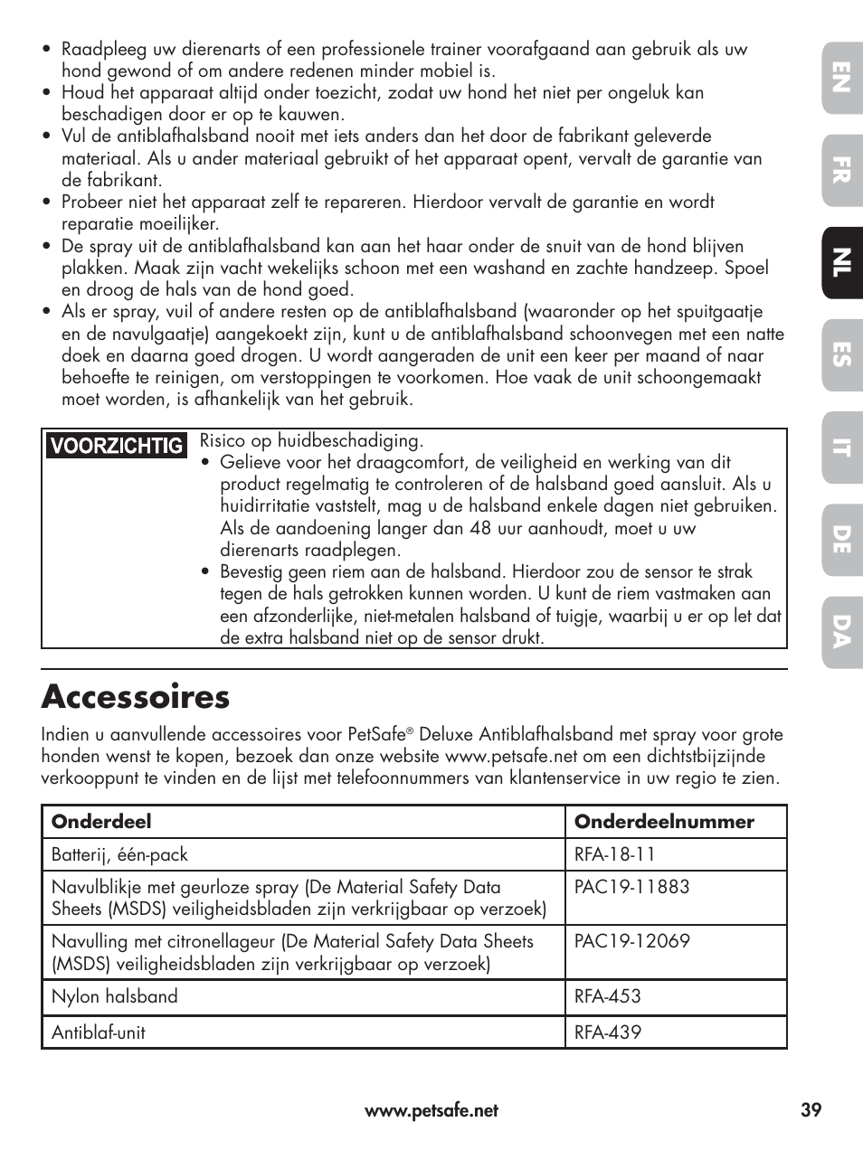 Accessoires, En fr es nl it da de | Petsafe Elite Big Dog Spray Bark Control User Manual | Page 39 / 102