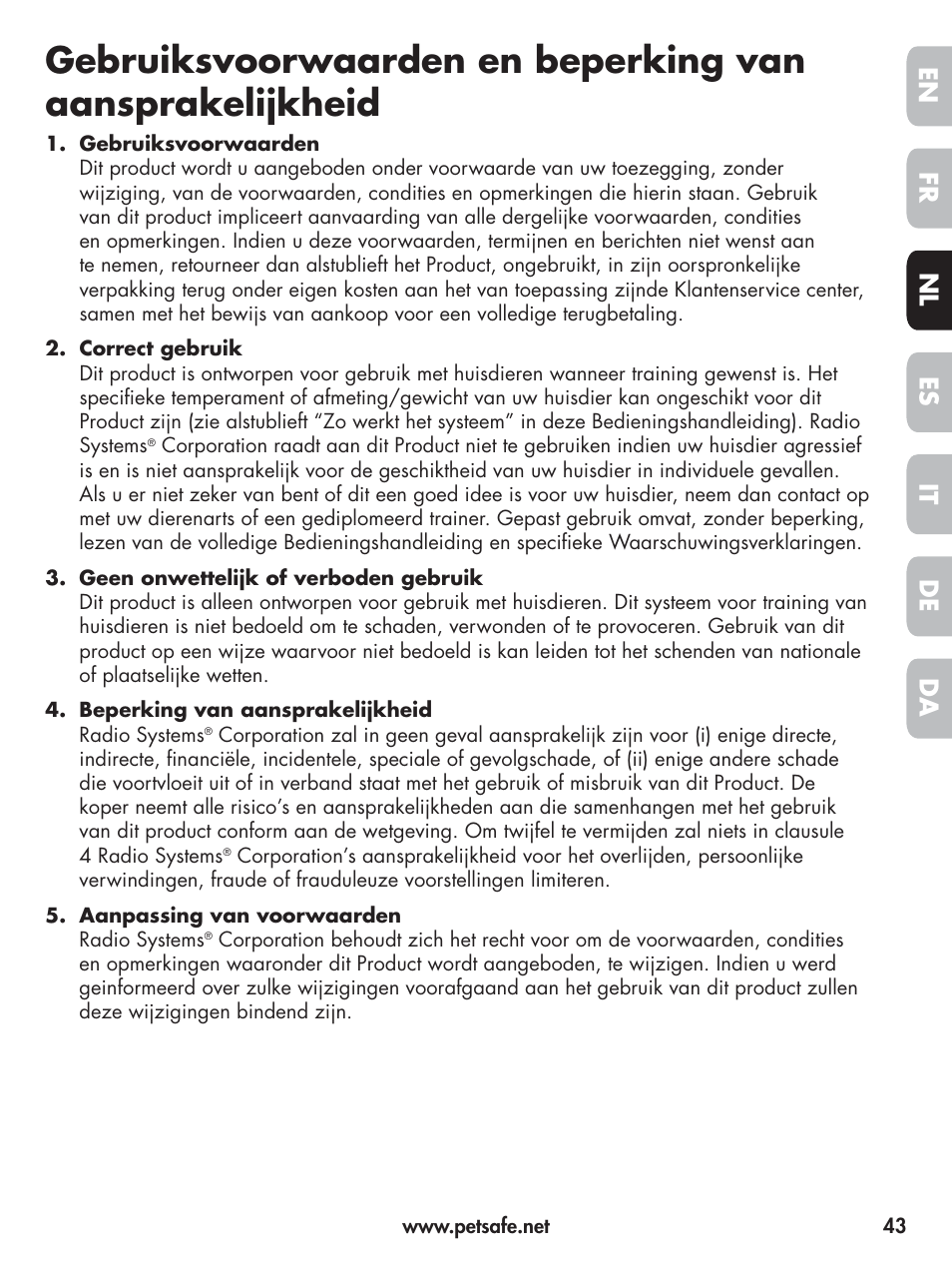 En fr es nl it da de | Petsafe Elite Big Dog Spray Bark Control User Manual | Page 43 / 102