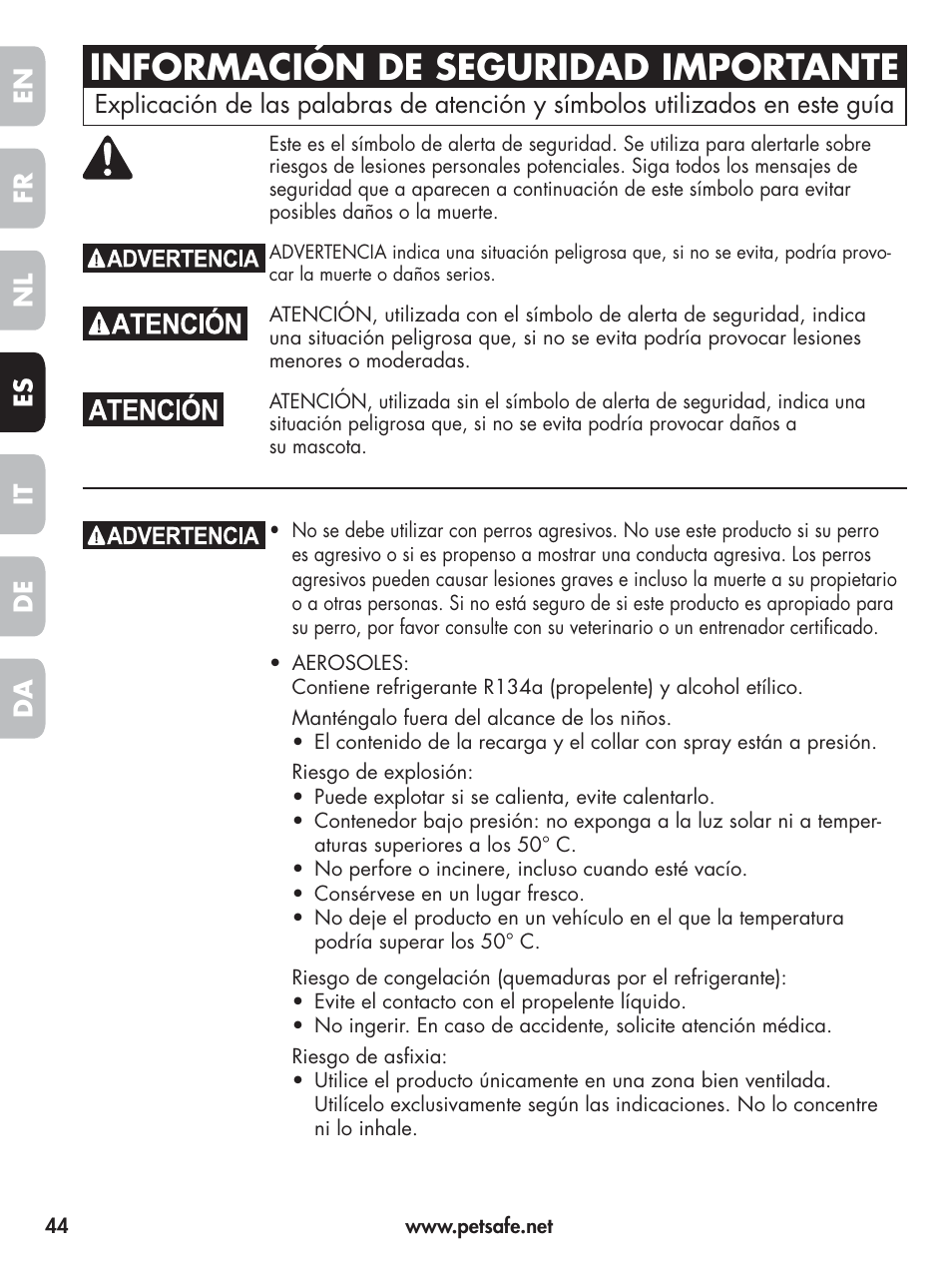 Información de seguridad importante, En fr es nl it da de | Petsafe Elite Big Dog Spray Bark Control User Manual | Page 44 / 102