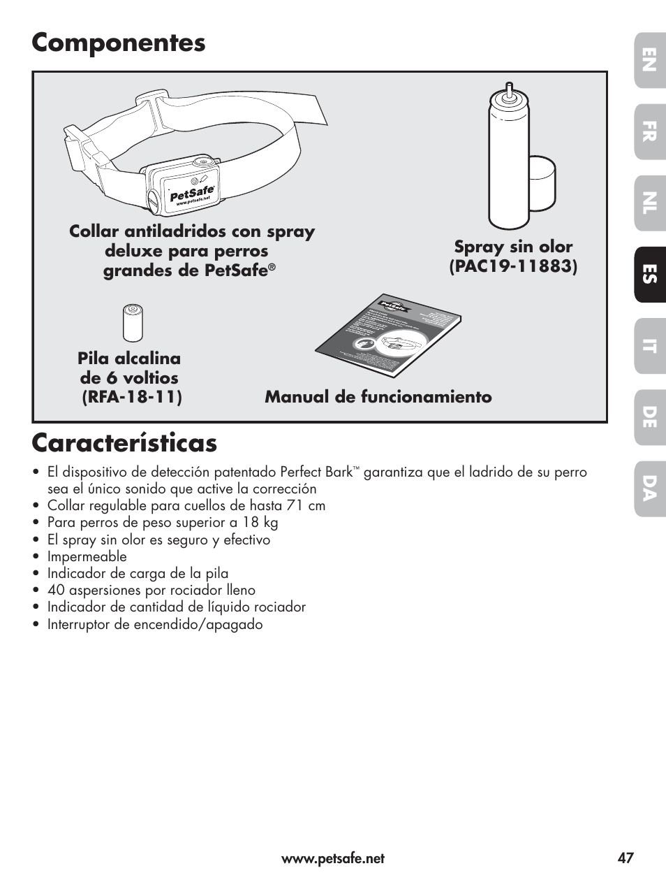 Componentes, Características | Petsafe Elite Big Dog Spray Bark Control User Manual | Page 47 / 102
