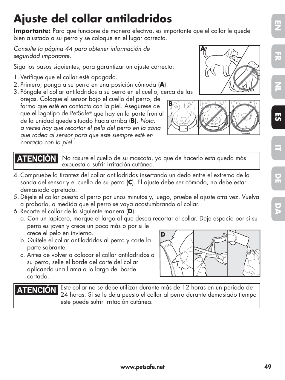 Ajuste del collar antiladridos, En fr es nl it da de | Petsafe Elite Big Dog Spray Bark Control User Manual | Page 49 / 102