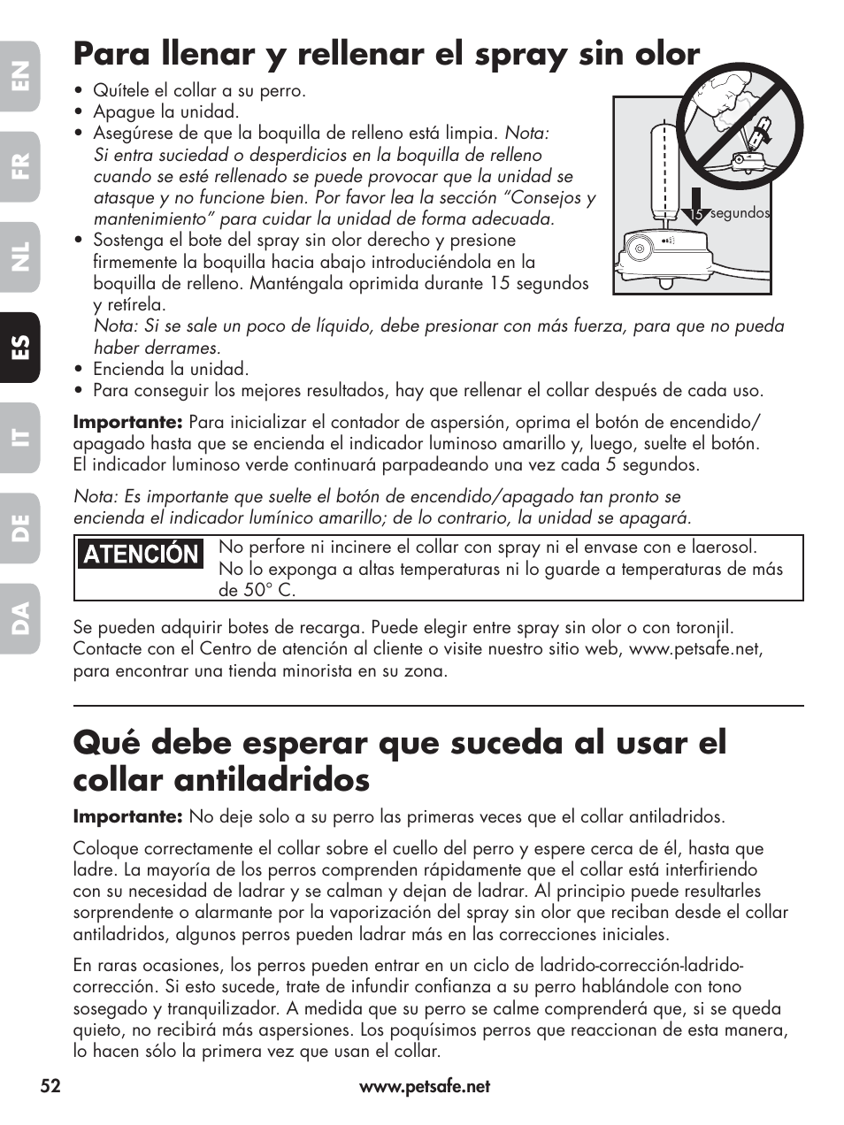Para llenar y rellenar el spray sin olor, En fr es nl it da de | Petsafe Elite Big Dog Spray Bark Control User Manual | Page 52 / 102