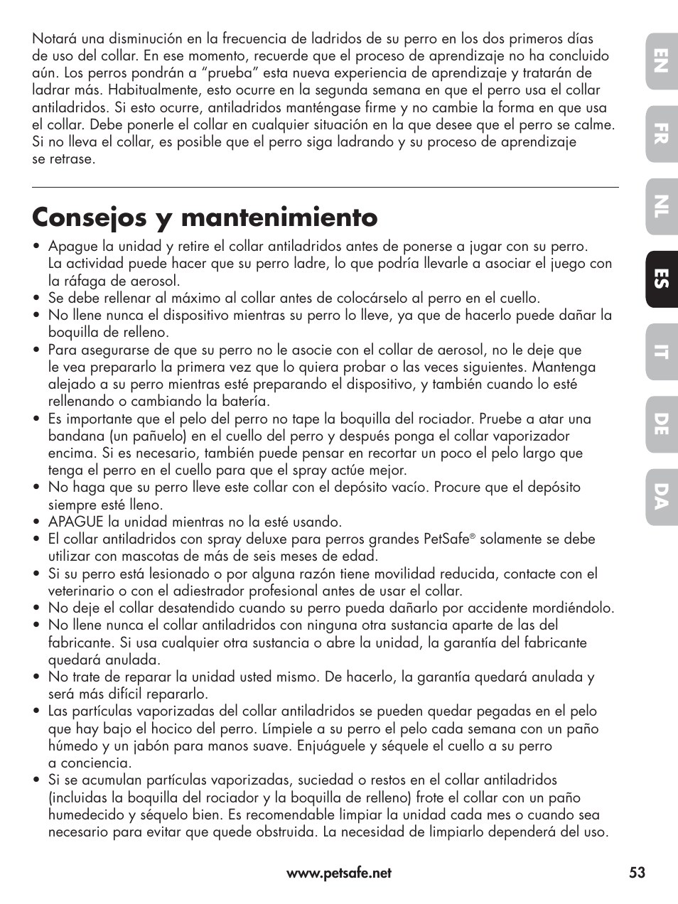 Consejos y mantenimiento, En fr es nl it da de | Petsafe Elite Big Dog Spray Bark Control User Manual | Page 53 / 102