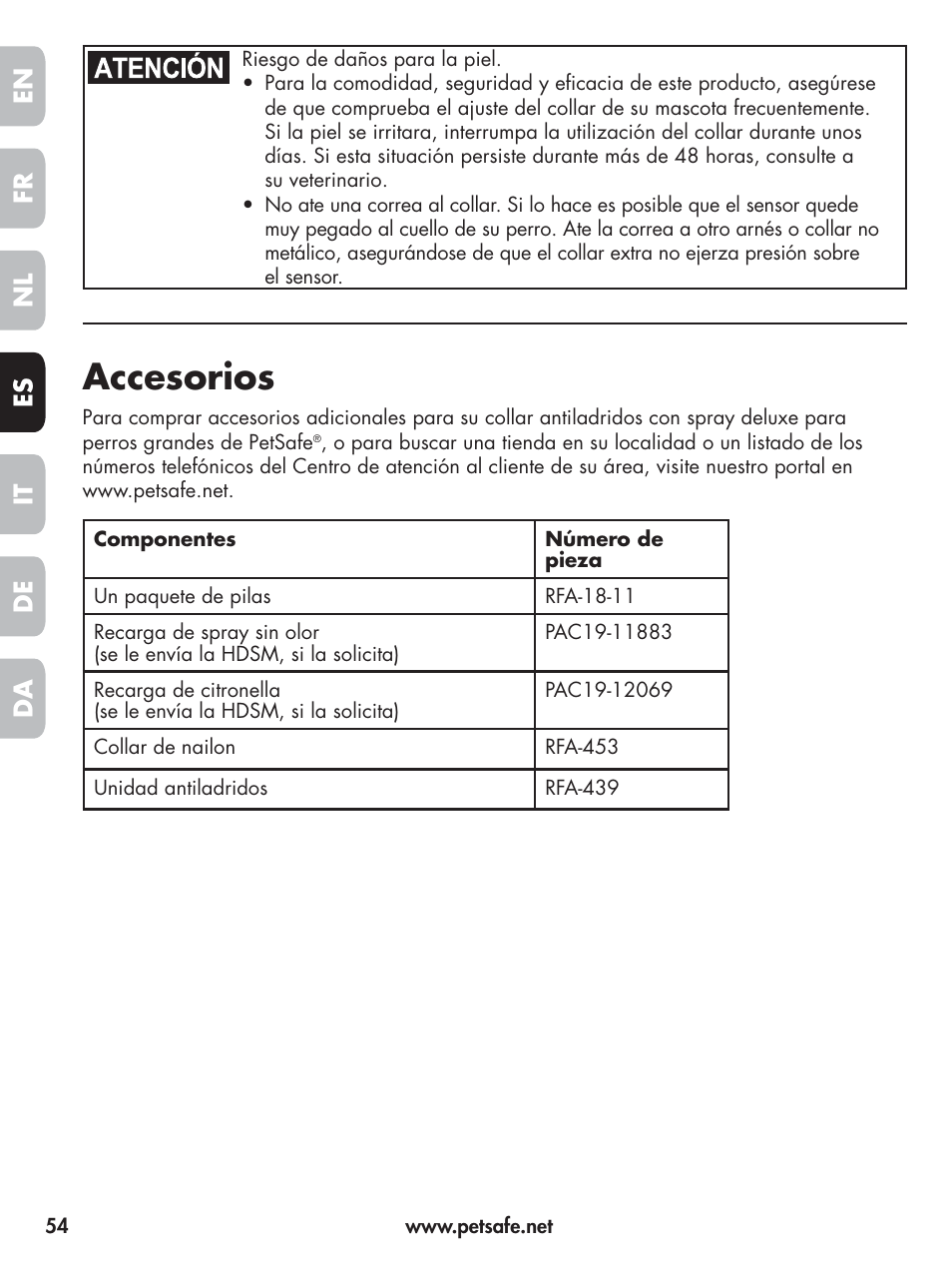 Accesorios, En fr es nl it da de | Petsafe Elite Big Dog Spray Bark Control User Manual | Page 54 / 102