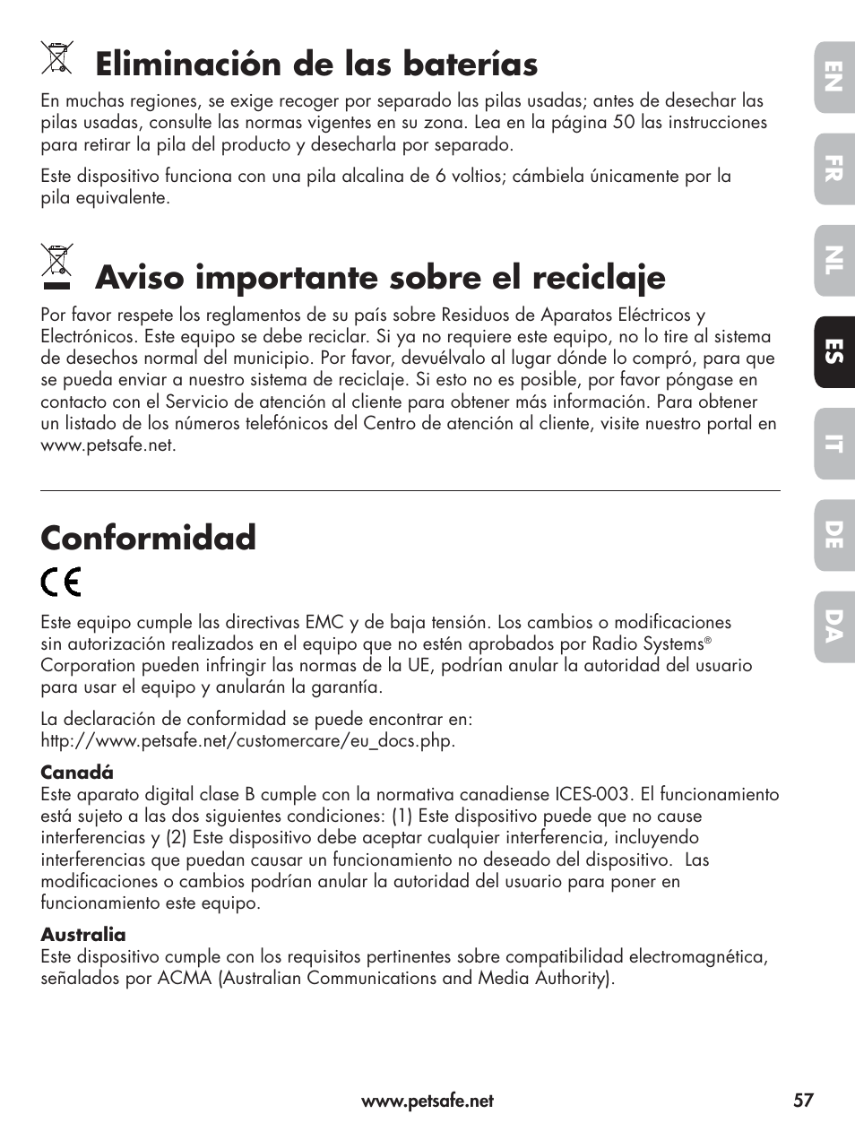 Eliminación de las baterías, Aviso importante sobre el reciclaje, Conformidad | Petsafe Elite Big Dog Spray Bark Control User Manual | Page 57 / 102