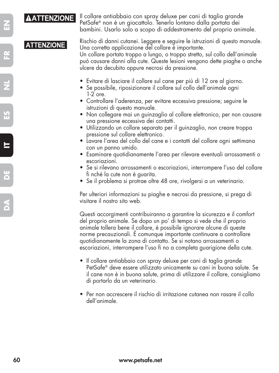 En fr es nl it da de | Petsafe Elite Big Dog Spray Bark Control User Manual | Page 60 / 102
