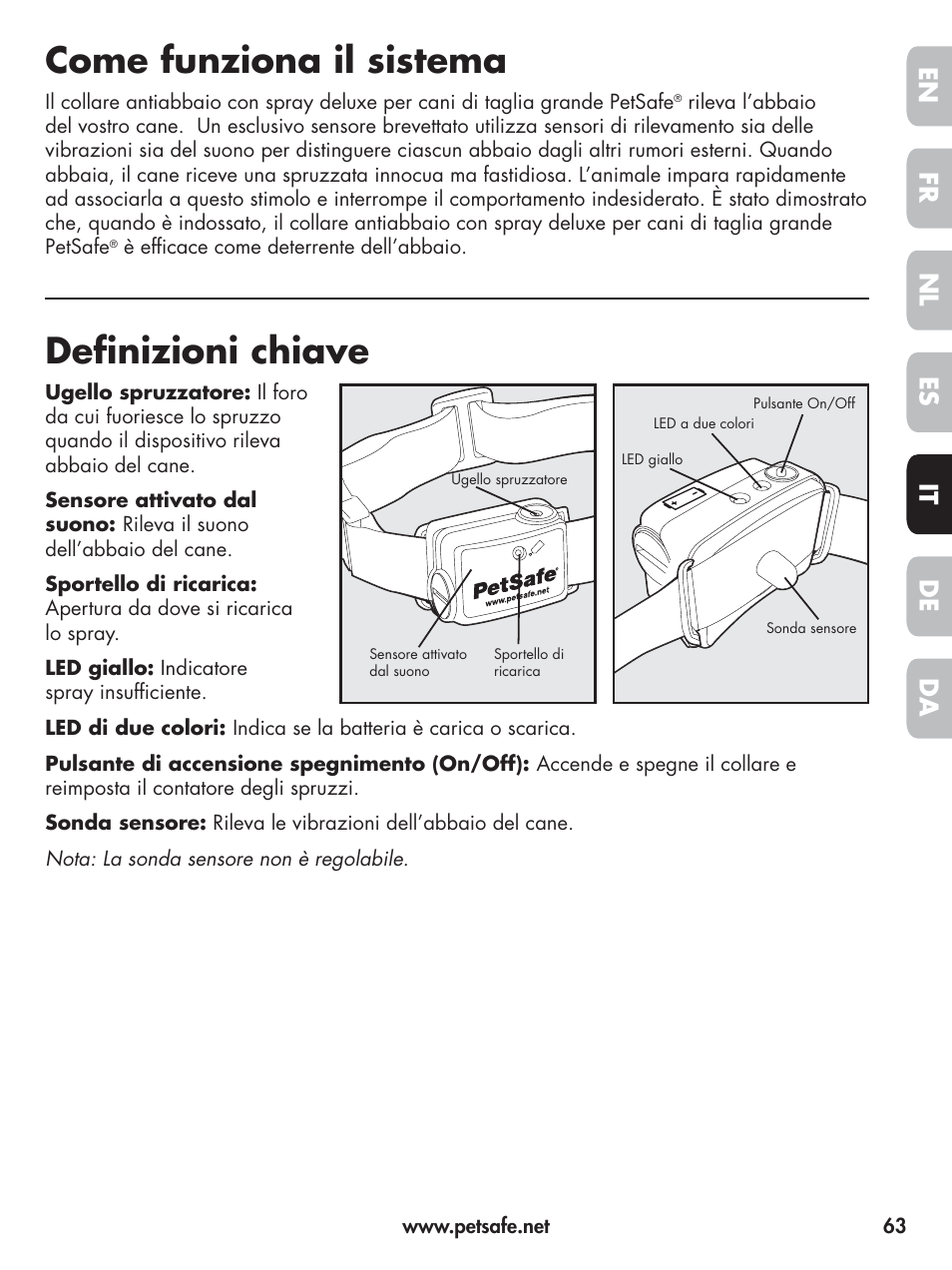 Come funziona il sistema, Definizioni chiave, En fr es nl it da de | Petsafe Elite Big Dog Spray Bark Control User Manual | Page 63 / 102