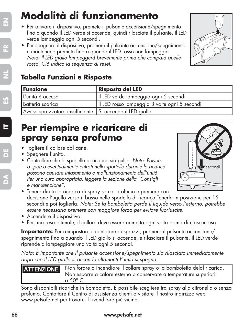 Modalità di funzionamento, Per riempire e ricaricare di spray senza profumo, En fr es nl it da de | Tabella funzioni e risposte | Petsafe Elite Big Dog Spray Bark Control User Manual | Page 66 / 102