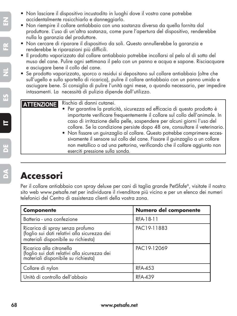 Accessori, En fr es nl it da de | Petsafe Elite Big Dog Spray Bark Control User Manual | Page 68 / 102