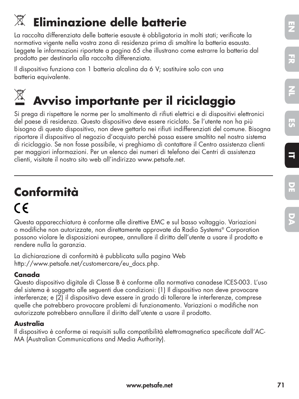 Eliminazione delle batterie, Avviso importante per il riciclaggio, Conformità | Petsafe Elite Big Dog Spray Bark Control User Manual | Page 71 / 102