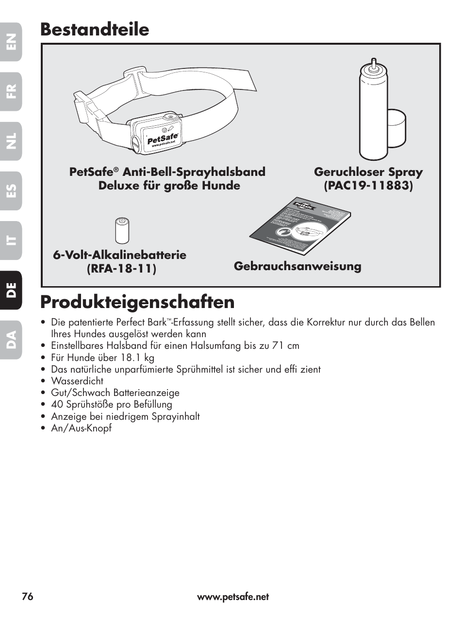 Bestandteile produkteigenschaften | Petsafe Elite Big Dog Spray Bark Control User Manual | Page 76 / 102